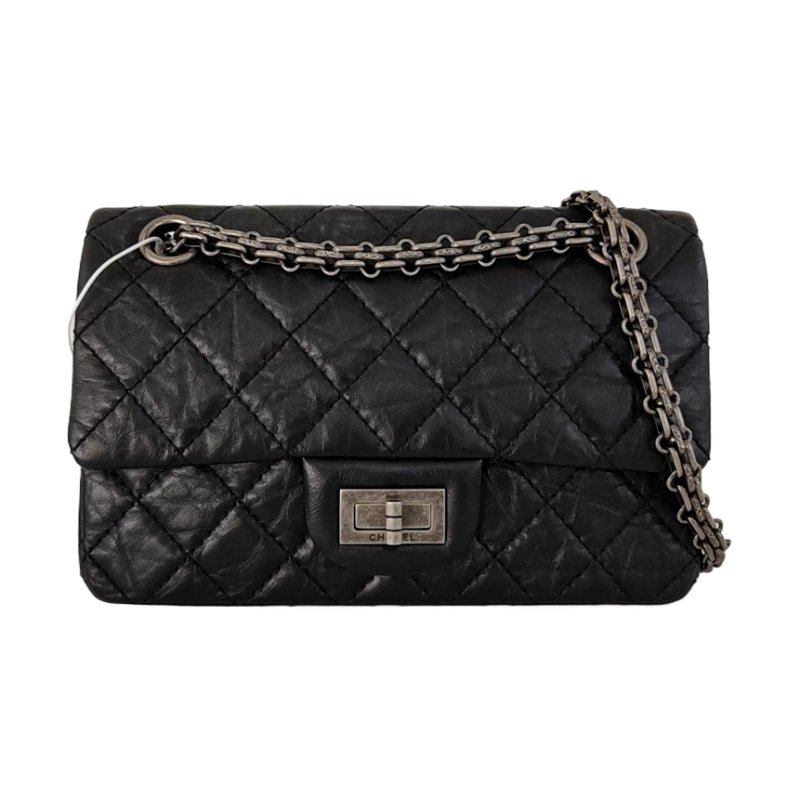 CHANEL 2.55 迷你 黑色牛皮菱格紋絎縫單肩包斜挎包 釕色五金 30開 9.9新-0