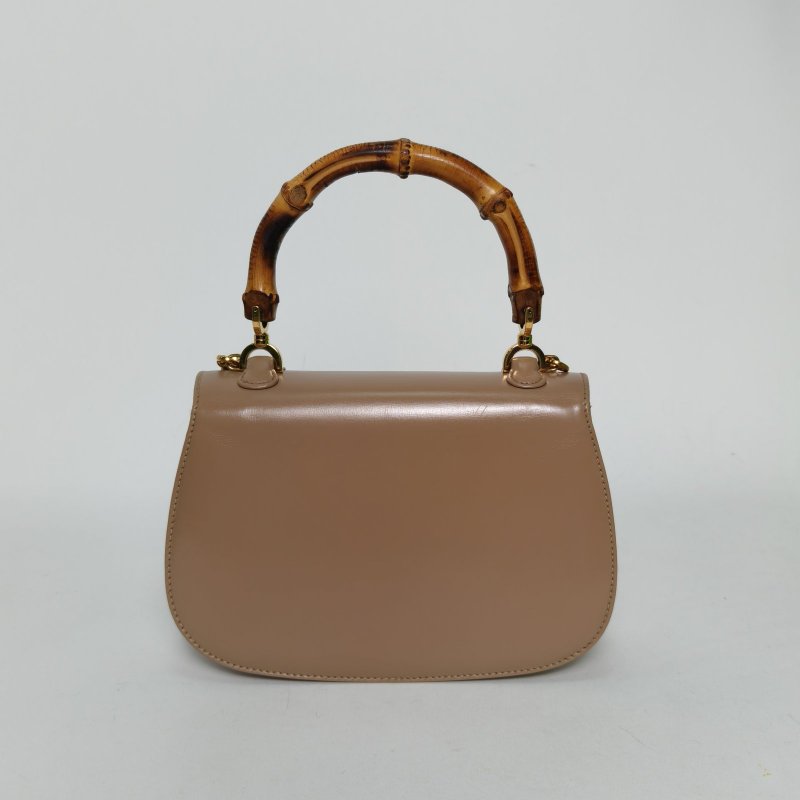 GUCCI 奶茶色牛皮金扣中古手提竹節元寶包肩背包-2