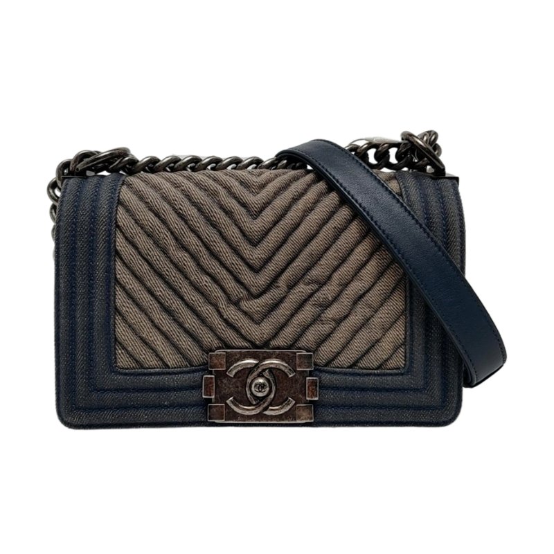 CHANEL BOY CHANEL WOC 灰色牛仔布絎縫V紋單肩包斜挎包 釕色五金 20開 可拆卸肩帶 9.8新-0