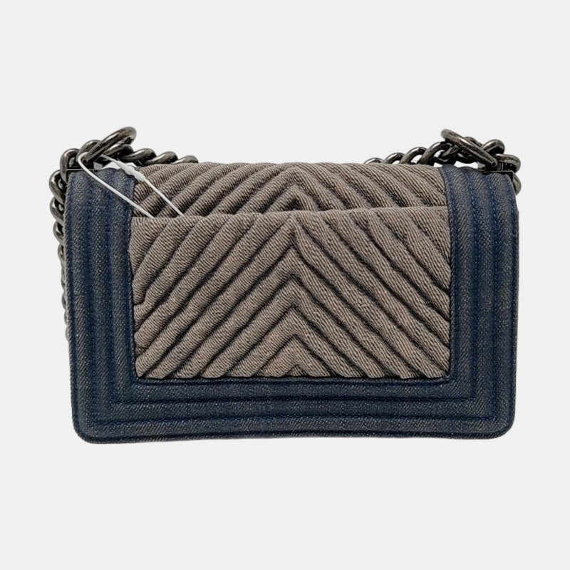 CHANEL BOY CHANEL WOC 灰色牛仔布絎縫V紋單肩包斜挎包 釕色五金 20開 可拆卸肩帶 9.8新-4