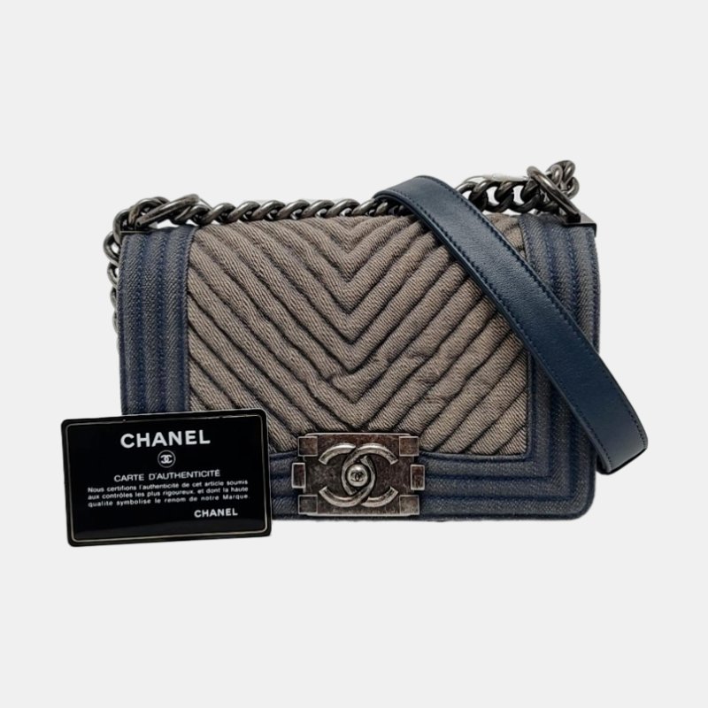 CHANEL BOY CHANEL WOC 灰色牛仔布絎縫V紋單肩包斜挎包 釕色五金 20開 可拆卸肩帶 9.8新-7