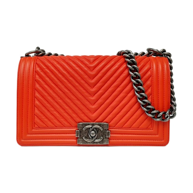 CHANEL BOY 中號 紅色牛皮V紋斜背包單肩包 釕色五金 20開 可拆式肩帶 9.8新-0