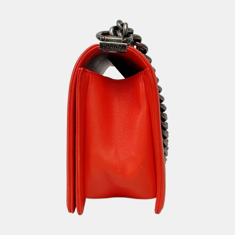 CHANEL BOY 中號 紅色牛皮V紋斜背包單肩包 釕色五金 20開 可拆式肩帶 9.8新-2