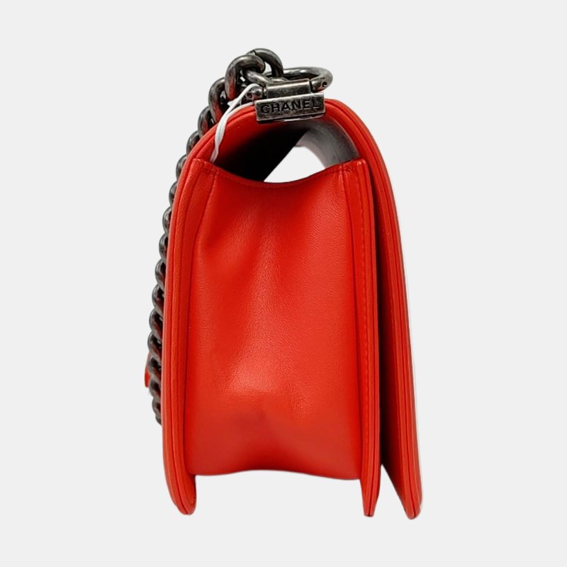 CHANEL BOY 中號 紅色牛皮V紋斜背包單肩包 釕色五金 20開 可拆式肩帶 9.8新-3