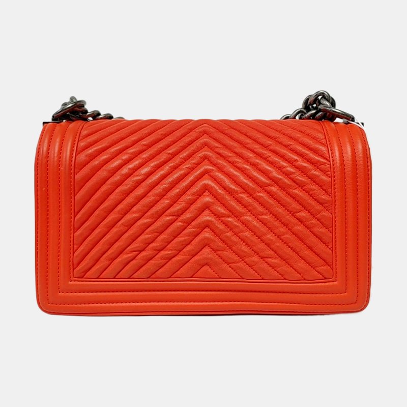 CHANEL BOY 中號 紅色牛皮V紋斜背包單肩包 釕色五金 20開 可拆式肩帶 9.8新-4