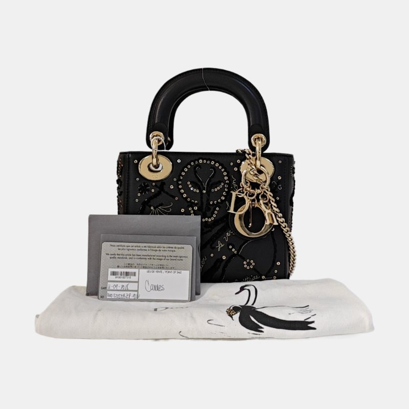 DIOR Lady 迷你 黑色牛皮刺繡編織戴妃包單肩包 金色五金 可拆卸肩帶 9.8新-1