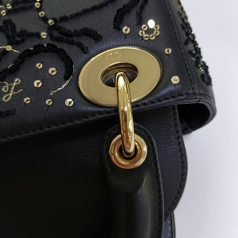 DIOR Lady 迷你 黑色牛皮刺繡編織戴妃包單肩包 金色五金 可拆卸肩帶 9.8新-9