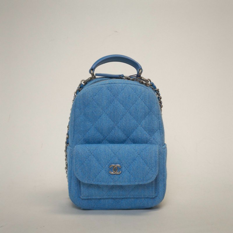 CHANEL 手提前口袋雙肩包13牛仔藍牛仔鐳射標銀扣肩背包-0