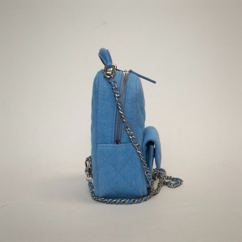 CHANEL 手提前口袋雙肩包13牛仔藍牛仔鐳射標銀扣肩背包-3