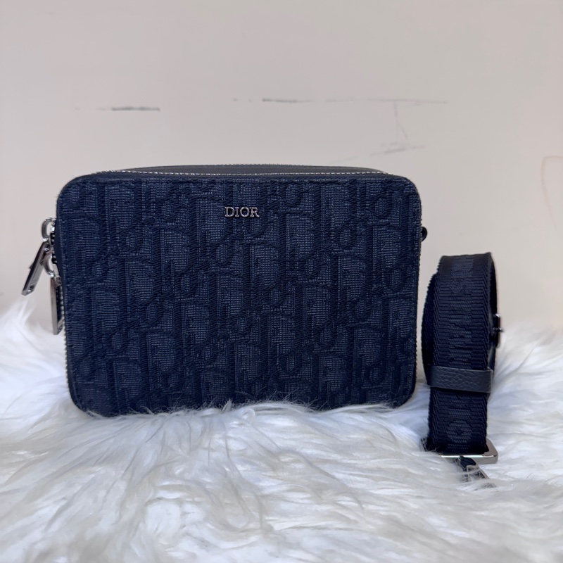 Dior 黑緹花黑牛皮雙層拉鍊手拿斜背包-0