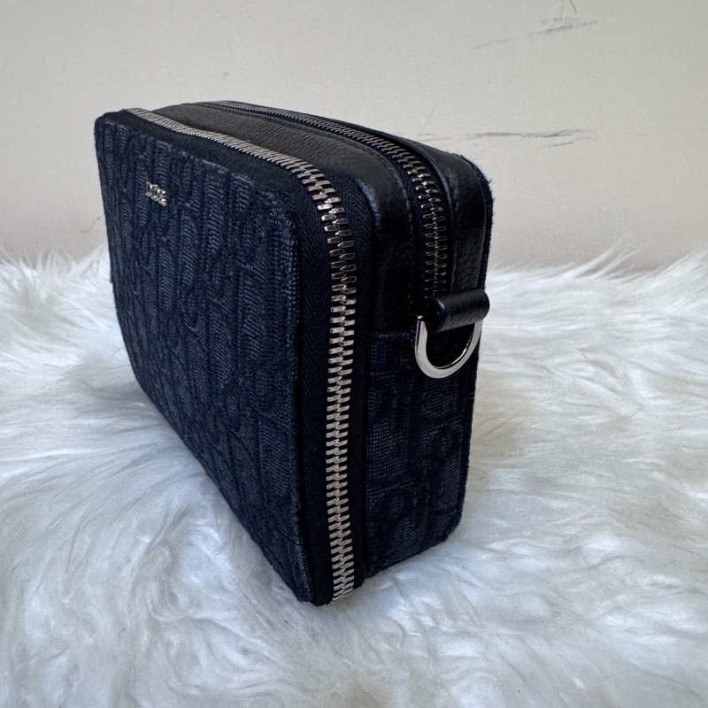 Dior 黑緹花黑牛皮雙層拉鍊手拿斜背包-3