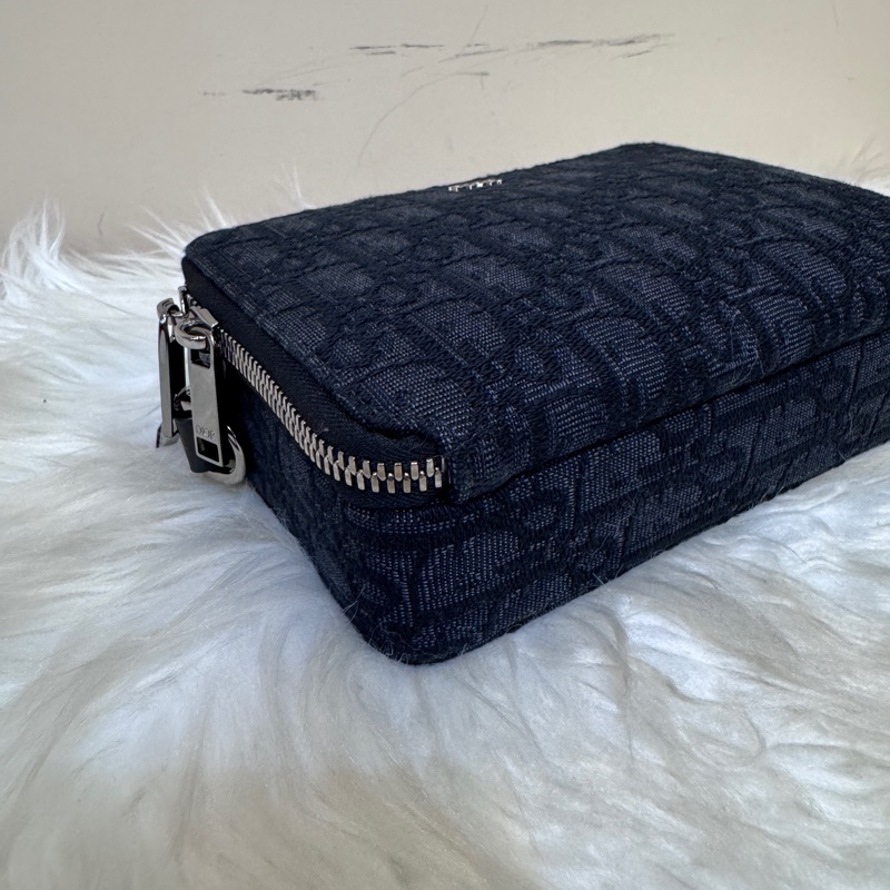 Dior 黑緹花黑牛皮雙層拉鍊手拿斜背包-5