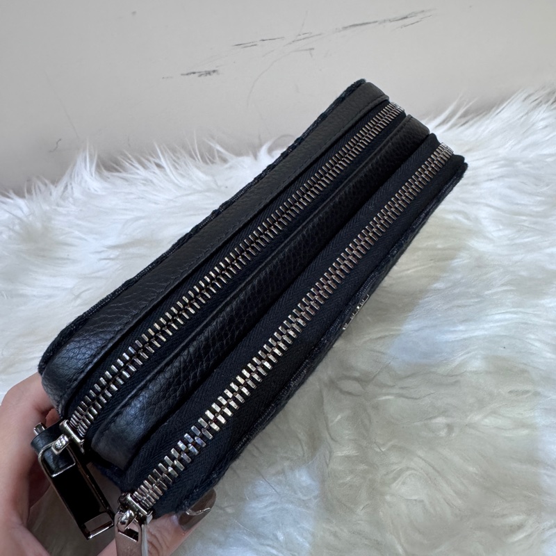 Dior 黑緹花黑牛皮雙層拉鍊手拿斜背包-7