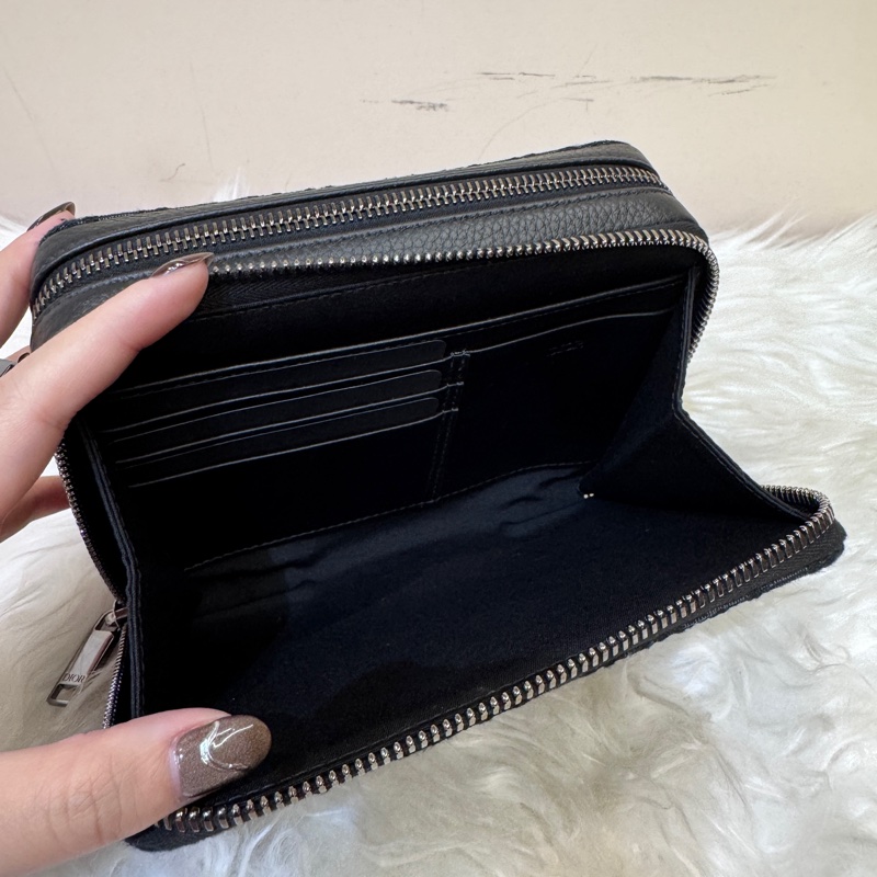 Dior 黑緹花黑牛皮雙層拉鍊手拿斜背包-9