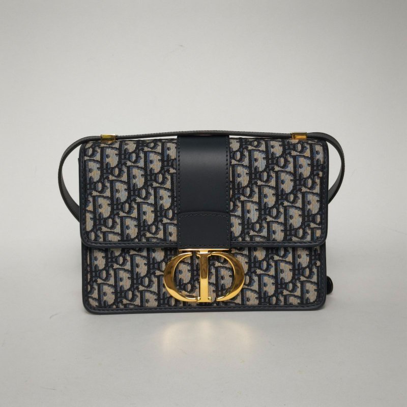 DIOR 30Montaigne蒙田皮肩帶大號24拼藍色牛皮/帆布金扣2022Oblique印花24牛皮拼帆布肩背包-0