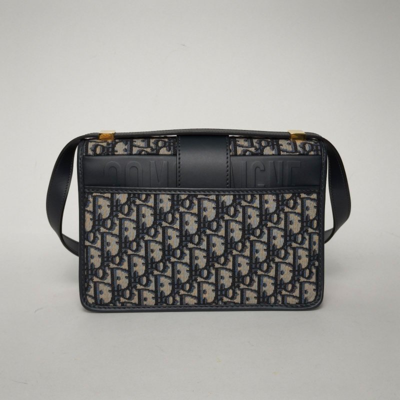 DIOR 30Montaigne蒙田皮肩帶大號24拼藍色牛皮/帆布金扣2022Oblique印花24牛皮拼帆布肩背包-2