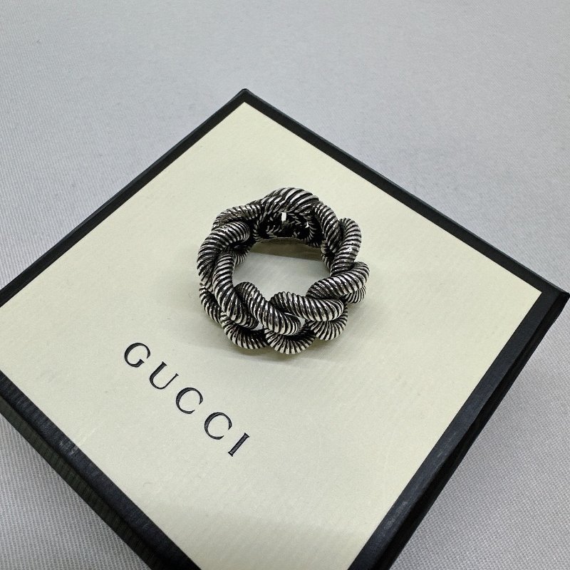 GUCCI Interlocking G純銀麻花捲戒指-3