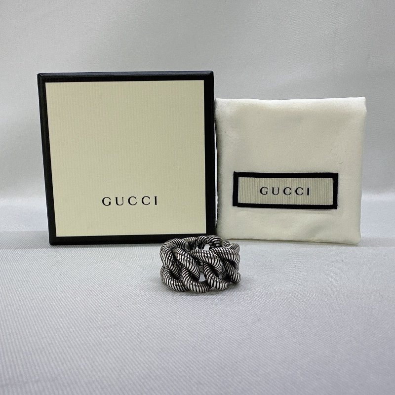 GUCCI Interlocking G純銀麻花捲戒指-1