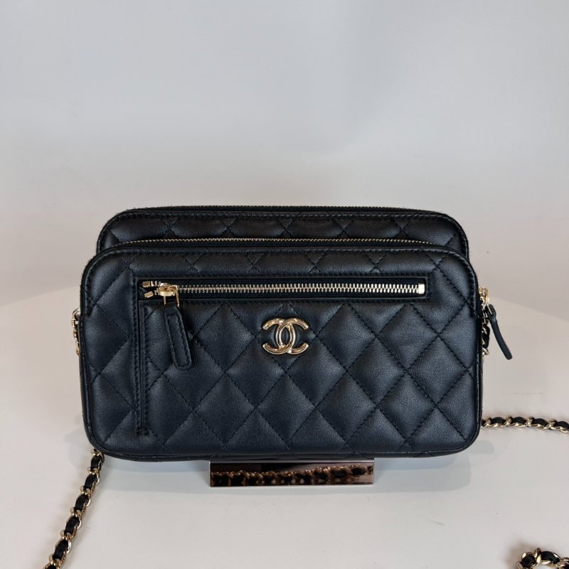 CHANEL 季節款拉鍊雙層WOC 羊皮黑晶片款-0