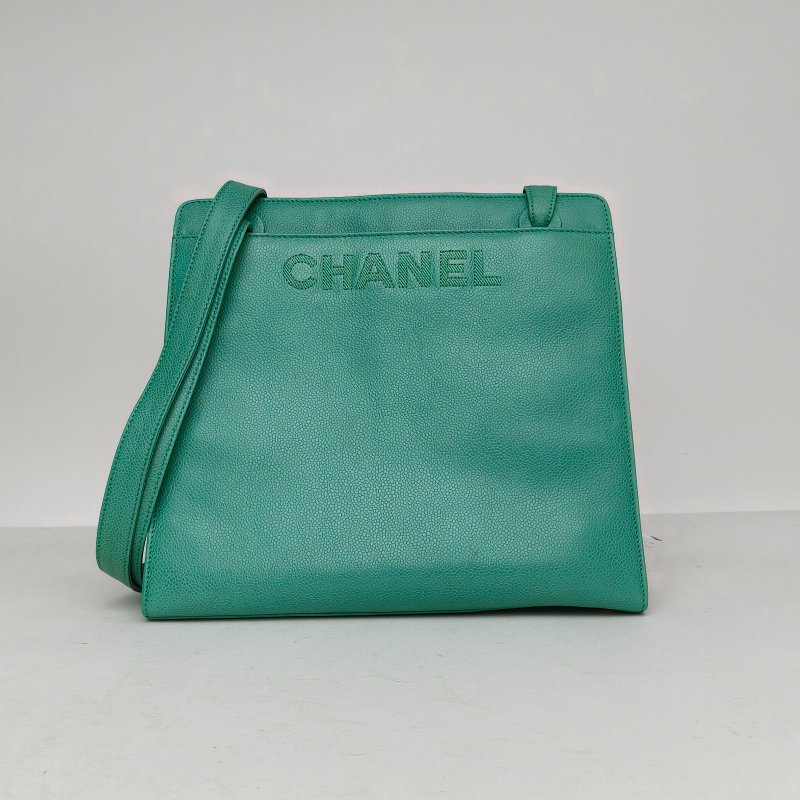 CHANEL 綠色荔枝牛皮5開金扣中古荔枝皮刺繡logo手提包肩背包-0