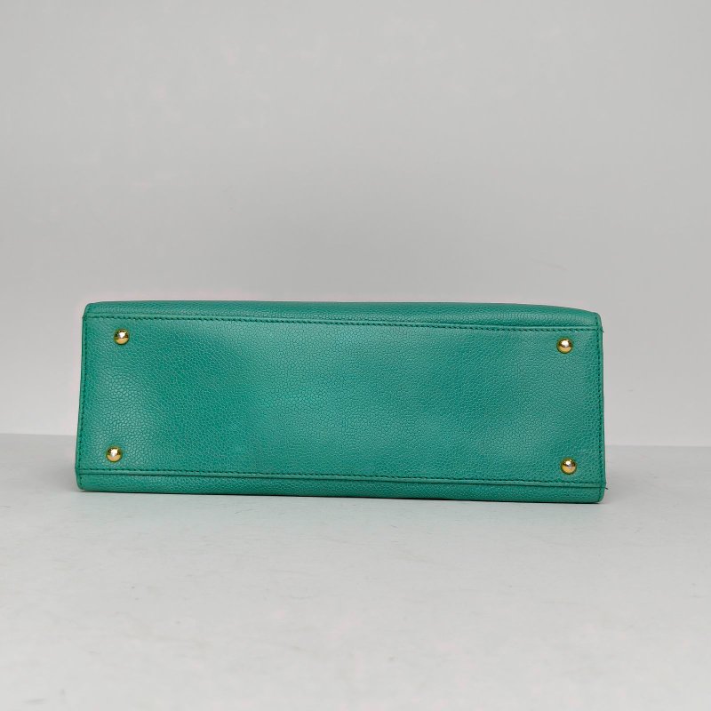 CHANEL 綠色荔枝牛皮5開金扣中古荔枝皮刺繡logo手提包肩背包-4