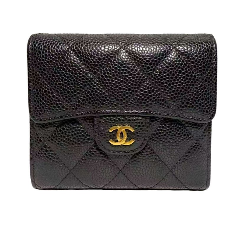 【1609】CHANEL 菱格Caviar皮革Classic Wallet金扣短錢包黑色-0