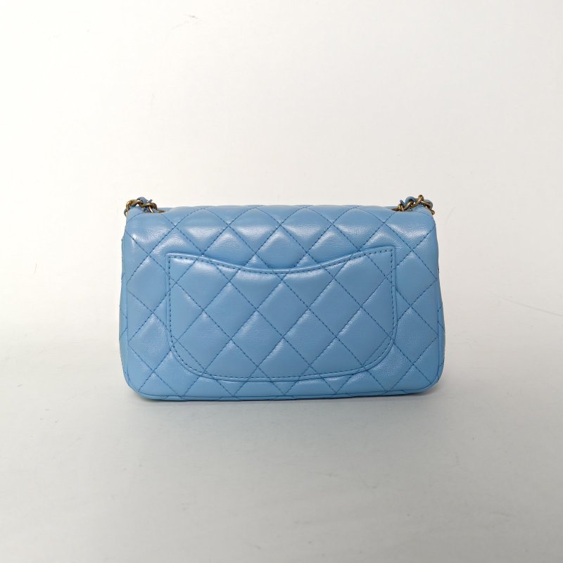 CHANEL 22SCF口蓋包大Mini20藍色羊皮晶片開金扣核桃金球肩帶肩背包-2