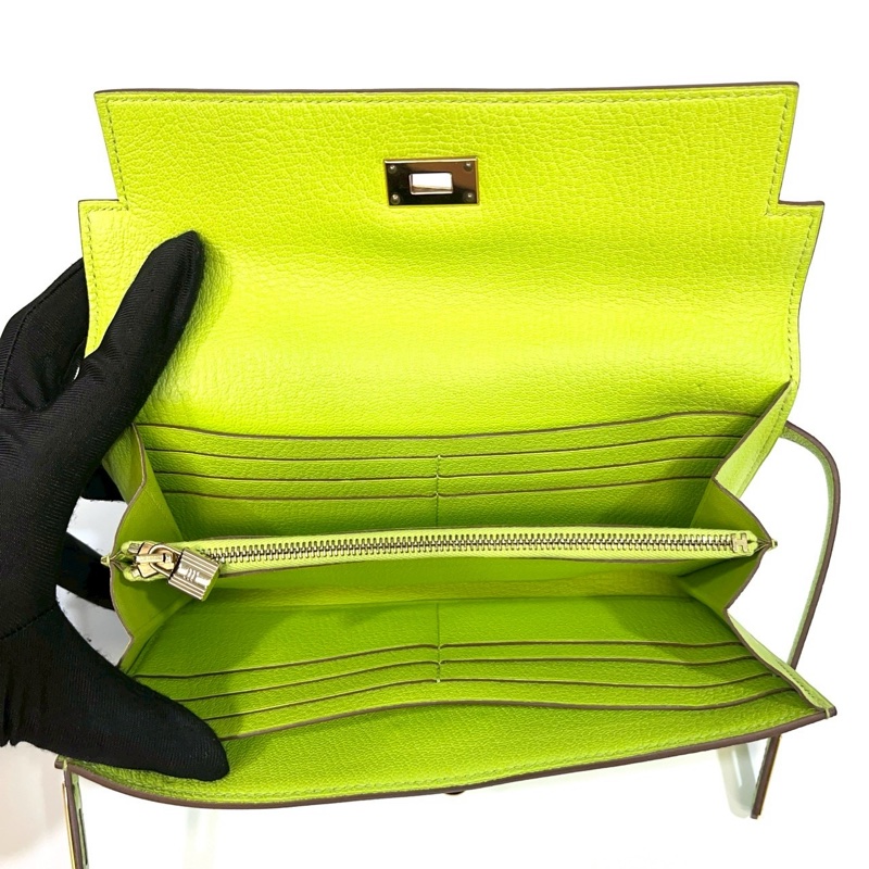 Hermes 萊姆綠山羊皮金釦kelly 12卡長夾-4