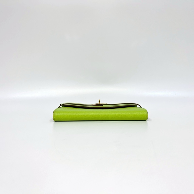 Hermes 萊姆綠山羊皮金釦kelly 12卡長夾-8