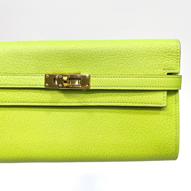 Hermes 萊姆綠山羊皮金釦kelly 12卡長夾-9