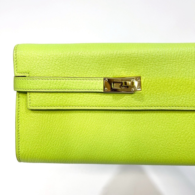 Hermes 萊姆綠山羊皮金釦kelly 12卡長夾-10