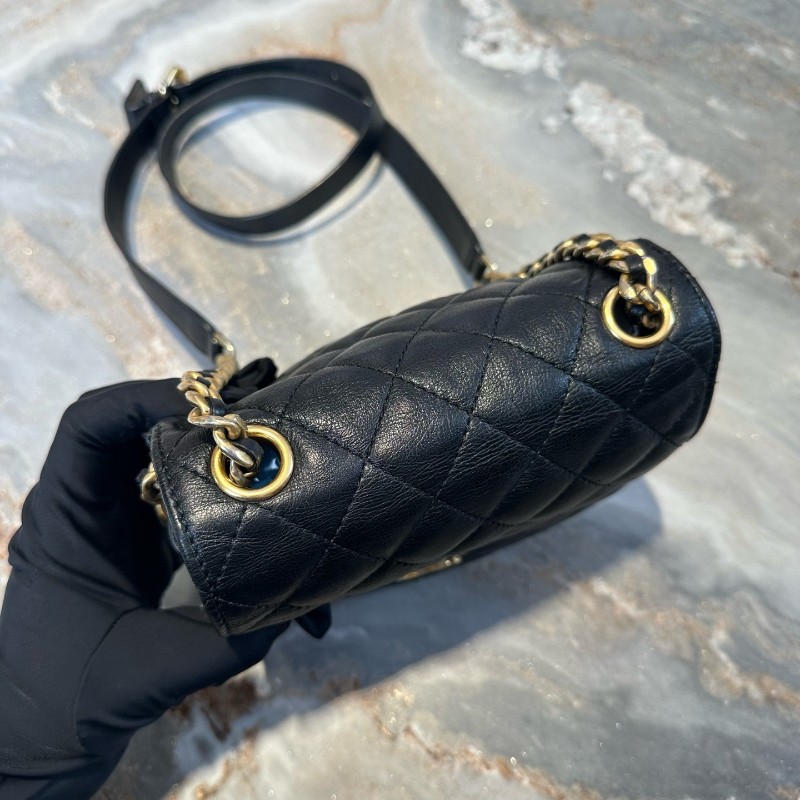 Chanel/香奈兒 19C系列馬鞍包 小豬包 黑金牛皮 斜背包肩背包-7