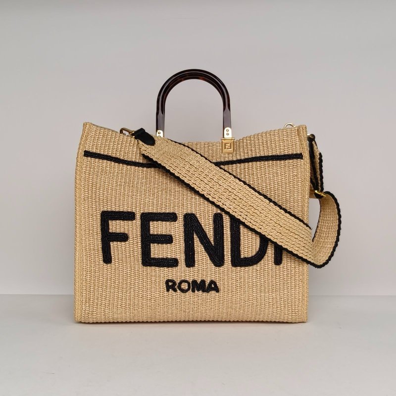 FENDI Sunshine陽光購物手提袋中號米駝色草編肩背包-0