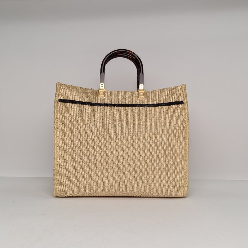FENDI Sunshine陽光購物手提袋中號米駝色草編肩背包-2