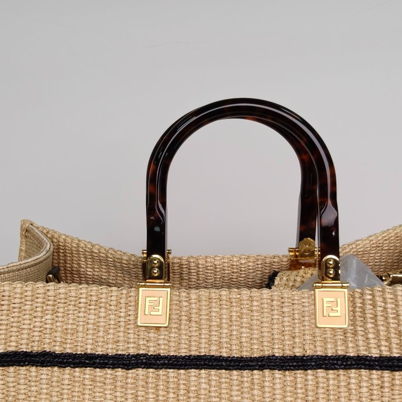 FENDI Sunshine陽光購物手提袋中號米駝色草編肩背包-4