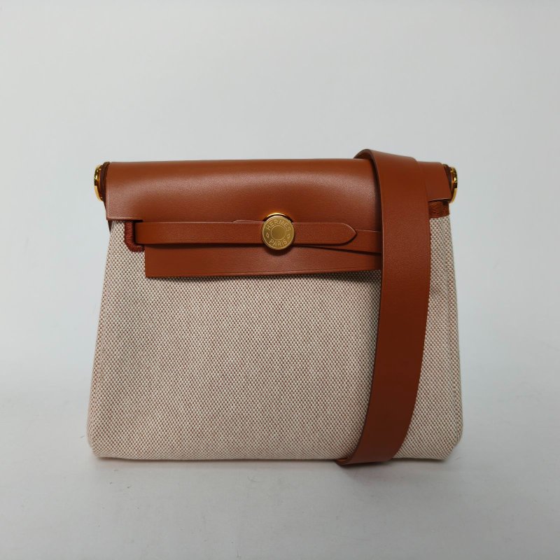 HERMES HerbagZip20帆布拼牛皮14米色拼34黃褐色帆布/Hunter牛皮K2025金扣肩背包-0