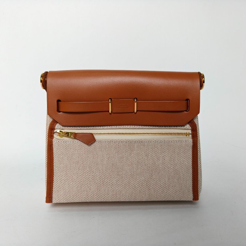 HERMES HerbagZip20帆布拼牛皮14米色拼34黃褐色帆布/Hunter牛皮K2025金扣肩背包-2