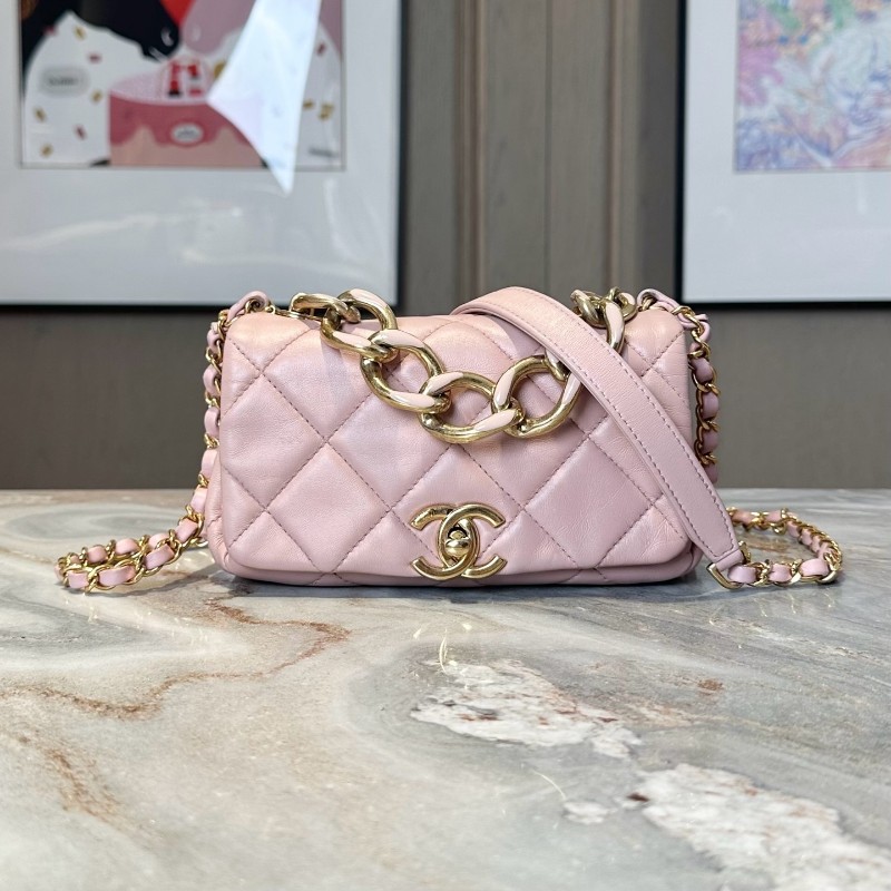 Chanel/香奈兒 22A手工坊系列櫻花粉羊皮琺琅粗鏈CF 肩背包斜背包-0