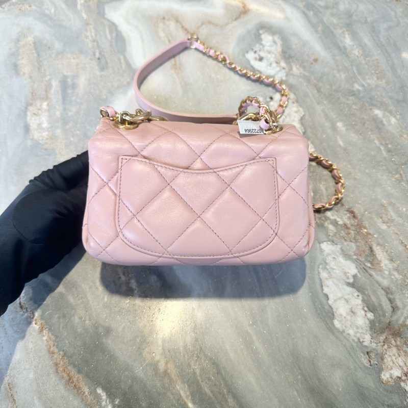 Chanel/香奈兒 22A手工坊系列櫻花粉羊皮琺琅粗鏈CF 肩背包斜背包-2