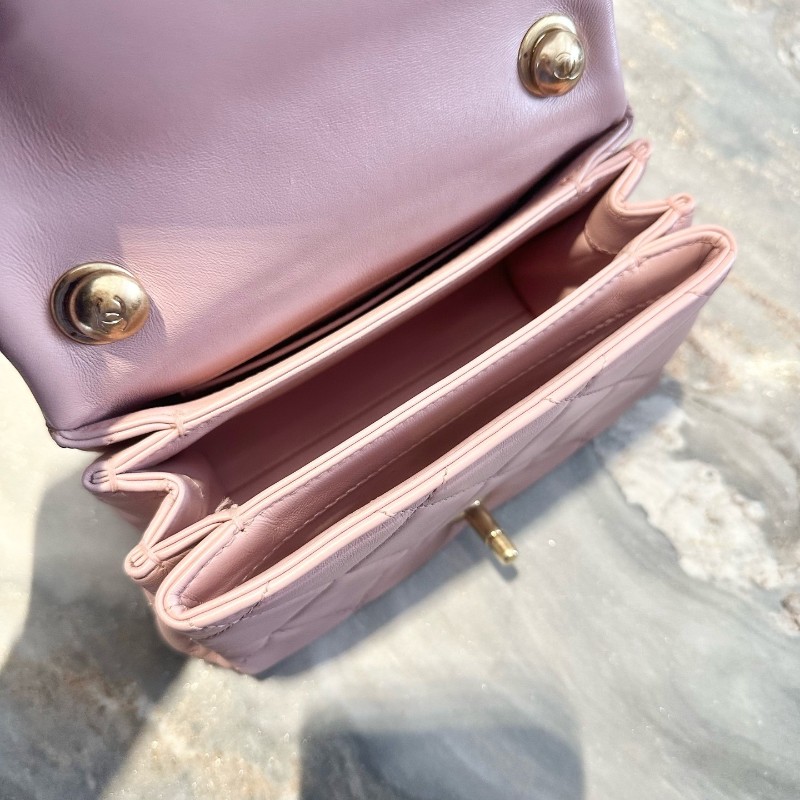 Chanel/香奈兒 22A手工坊系列櫻花粉羊皮琺琅粗鏈CF 肩背包斜背包-4