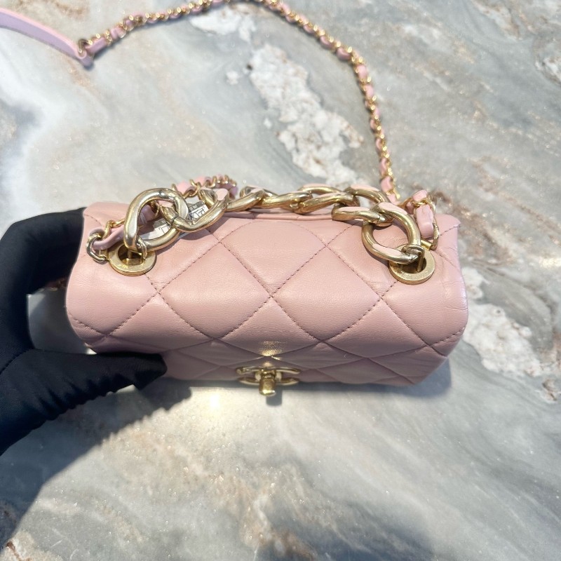 Chanel/香奈兒 22A手工坊系列櫻花粉羊皮琺琅粗鏈CF 肩背包斜背包-5