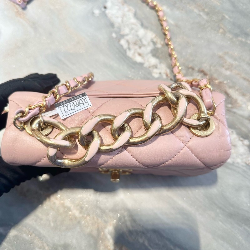 Chanel/香奈兒 22A手工坊系列櫻花粉羊皮琺琅粗鏈CF 肩背包斜背包-6