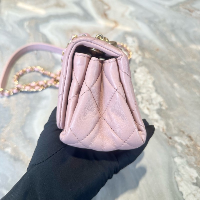 Chanel/香奈兒 22A手工坊系列櫻花粉羊皮琺琅粗鏈CF 肩背包斜背包-7