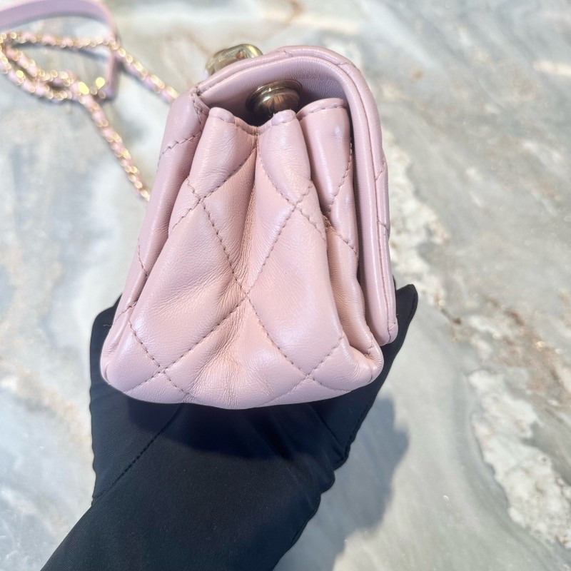 Chanel/香奈兒 22A手工坊系列櫻花粉羊皮琺琅粗鏈CF 肩背包斜背包-8