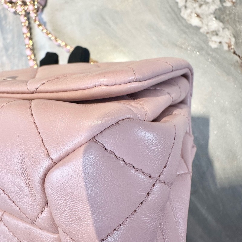 Chanel/香奈兒 22A手工坊系列櫻花粉羊皮琺琅粗鏈CF 肩背包斜背包-10