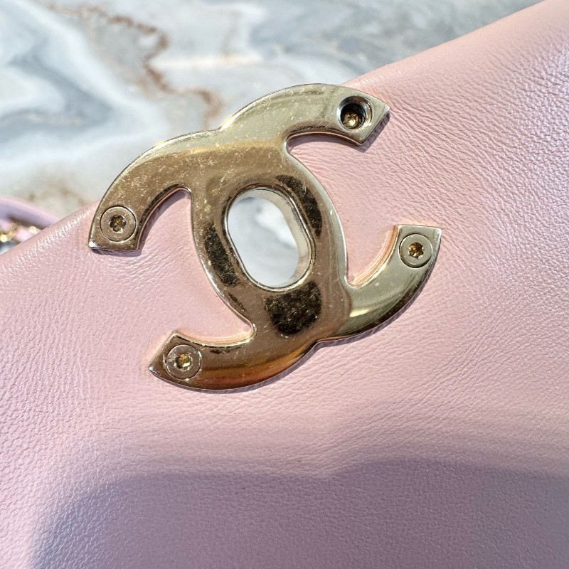 Chanel/香奈兒 22A手工坊系列櫻花粉羊皮琺琅粗鏈CF 肩背包斜背包-14