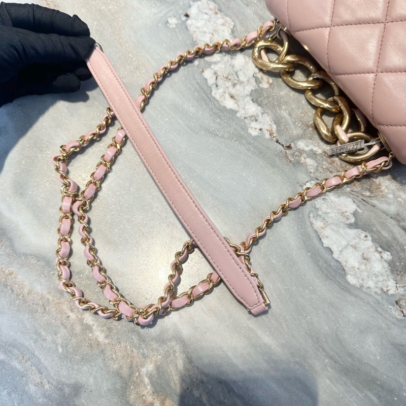 Chanel/香奈兒 22A手工坊系列櫻花粉羊皮琺琅粗鏈CF 肩背包斜背包-15