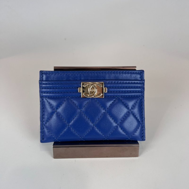 全新品 CHANEL BOY銀扣菱格紋卡夾藍羊皮29開-0