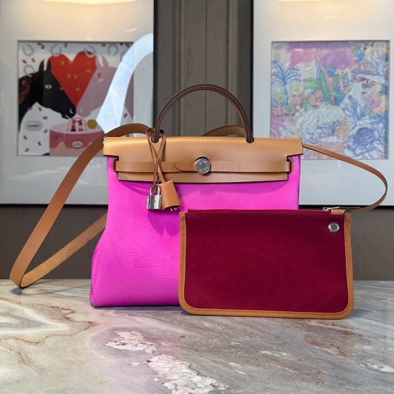 Hermes/愛馬仕 herbag31 火龍果拼紅棕銀扣 肩背包手提包-0