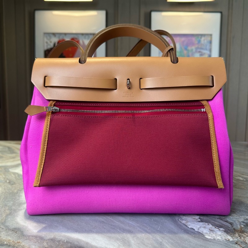 Hermes/愛馬仕 herbag31 火龍果拼紅棕銀扣 肩背包手提包-3